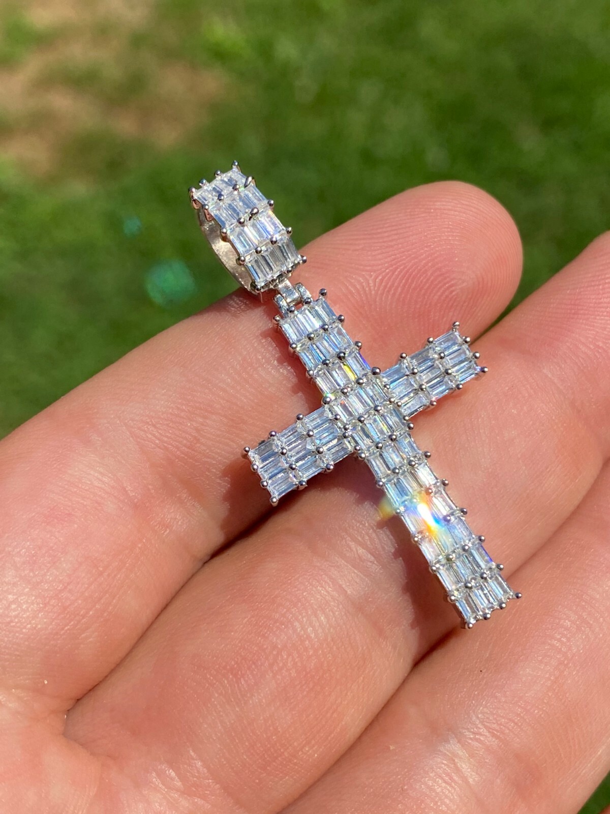 Solid 925 Sterling Silver Cross Pendant Baguette Iced CZ Necklace Hip-Hop