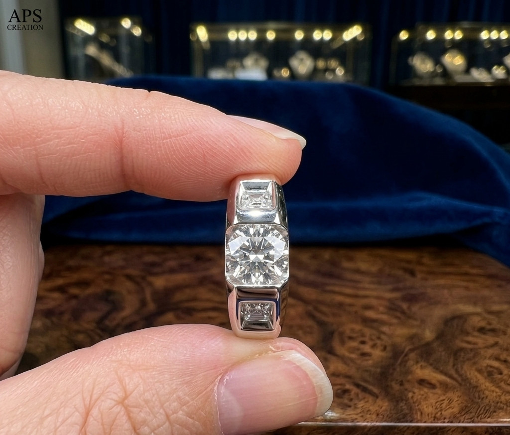 4Ct Round Moissanite Men’s 3 Stone Wedding Ring 14K Vermeil White Gold Finsih