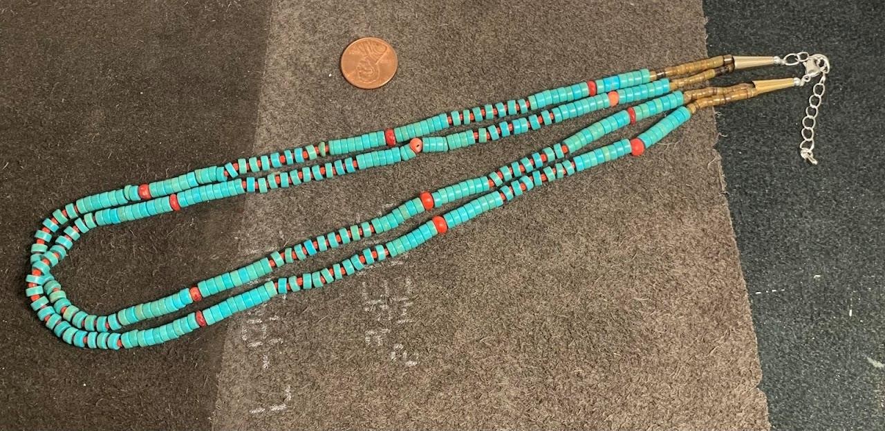Gorgeous multi-strands reconstituted turquoise heishi/coral necklace(b204e1-w1)