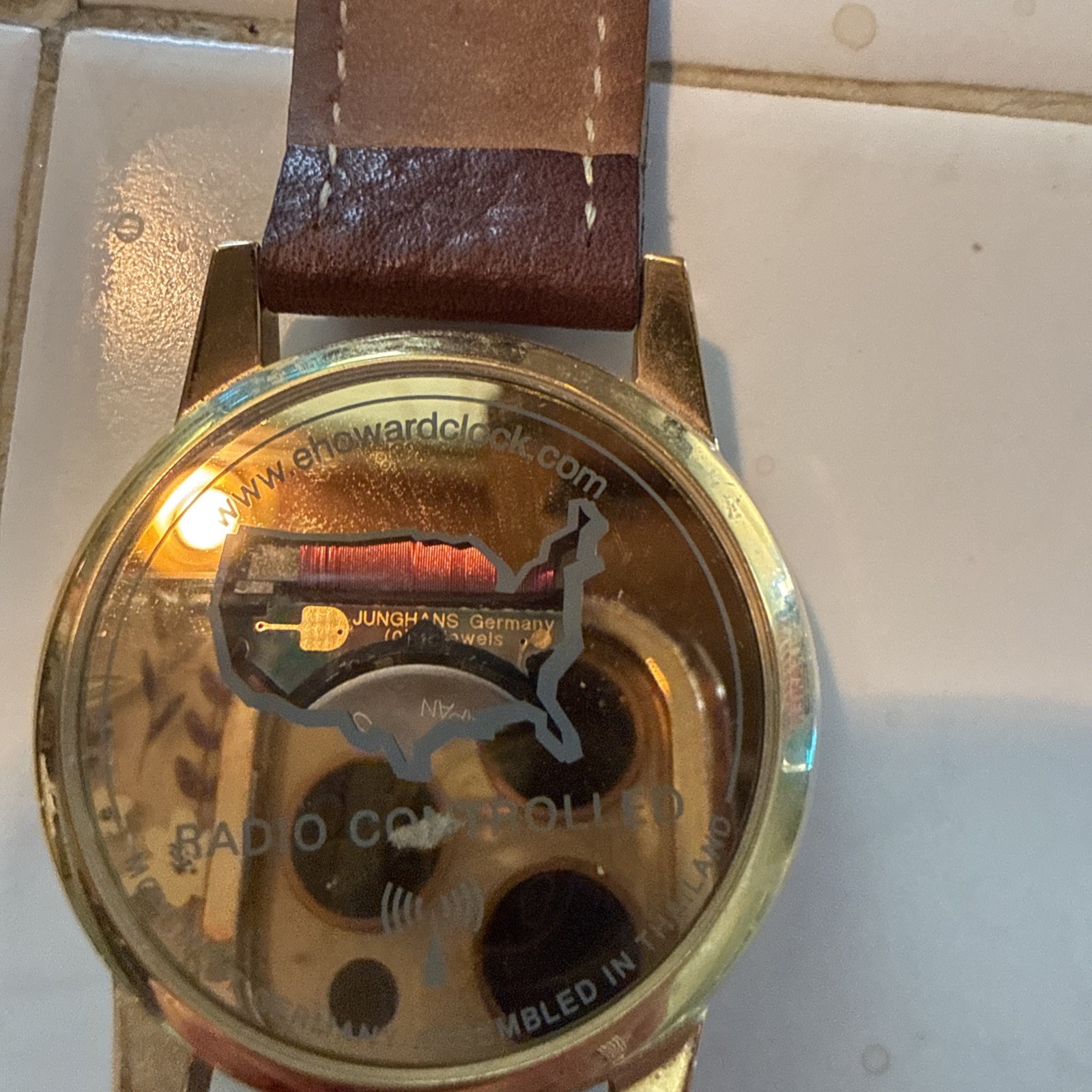 E Howard & Co Radio Controlled Atomic Watch Junghans Movement Gold Brown Leather