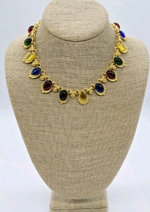 Gripoix Style Necklace Red Yellow Blue Green Matte Gold Tone Poured Resin 17 in