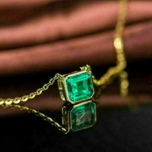 2.00Ct Emerald Cut Lab Created Emerald Pendant 14K Yellow Gold Plated Free Chain