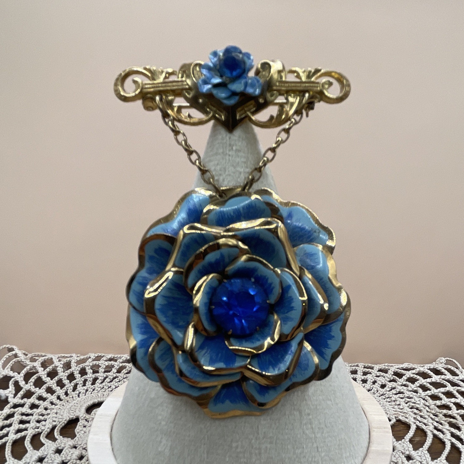 Gold Tone Blue Enamel Flower Dangle Brooch Pin w/ Chain, Possible 1928 Brand