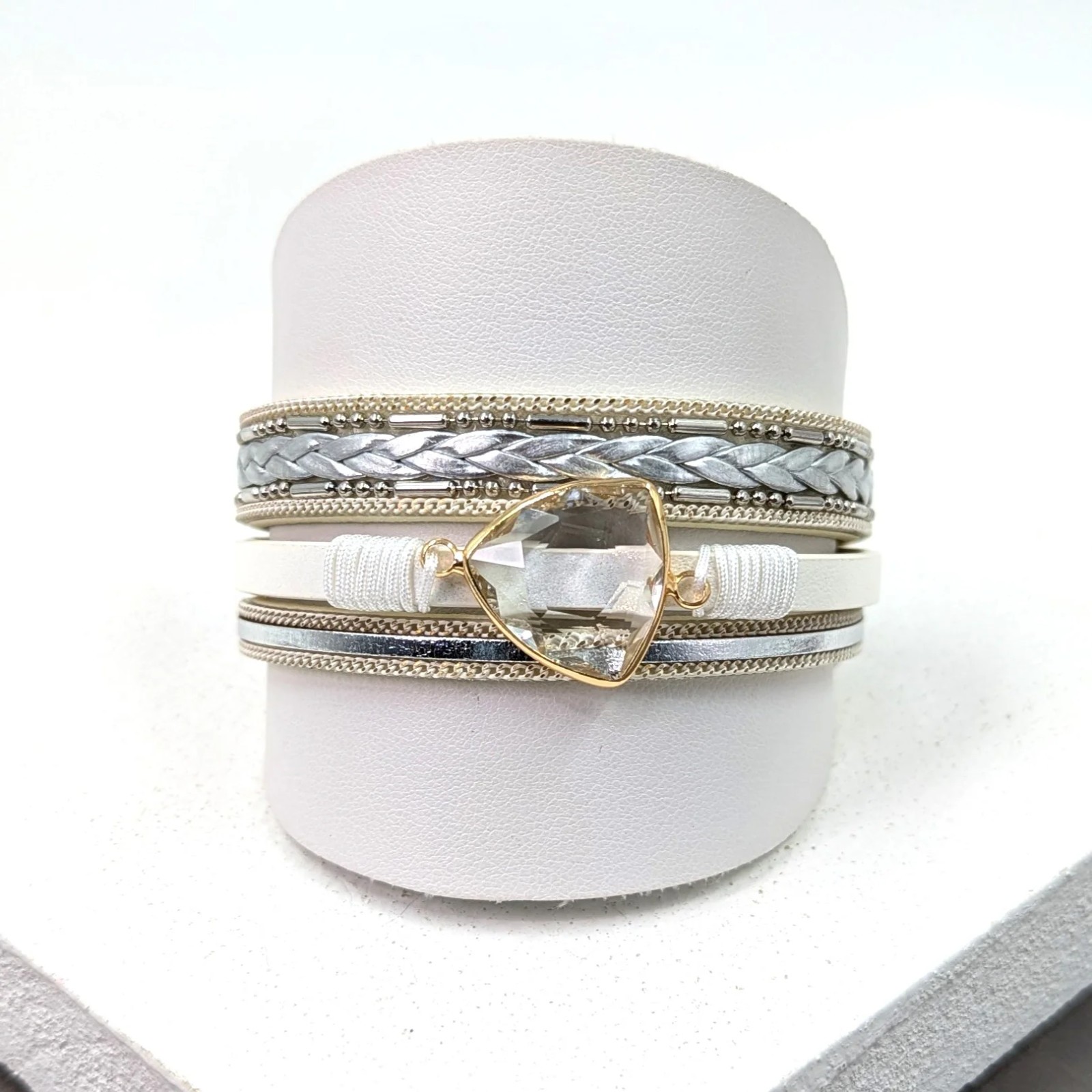 Multi Strand Faux Leather Magnetic Cuff with Plaited Strand Crystal Bracelet