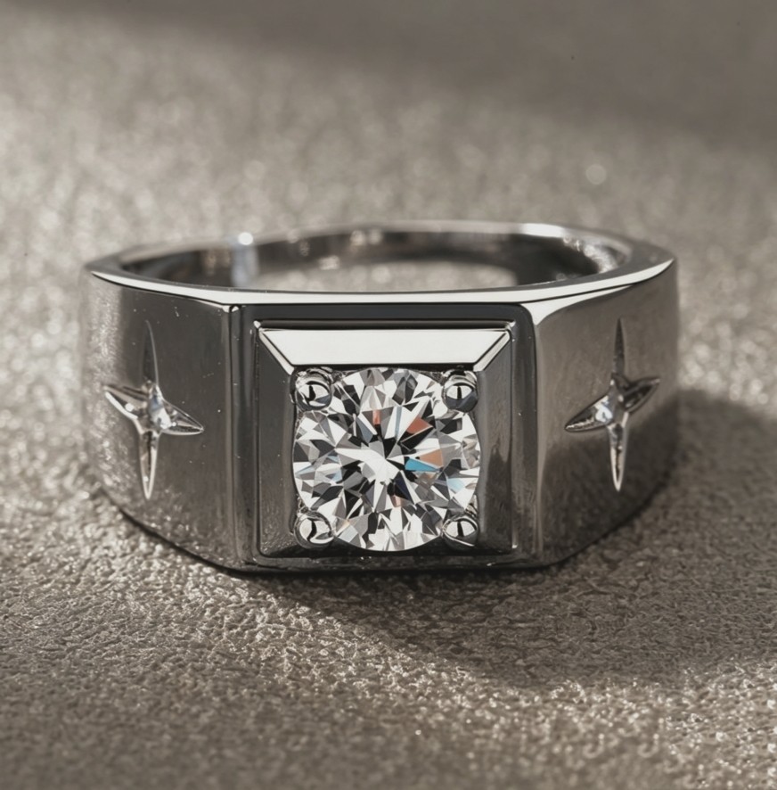 Silver Tone Men’s Moissanite Solitaire Ring Star Accents Open Wide Band Ring