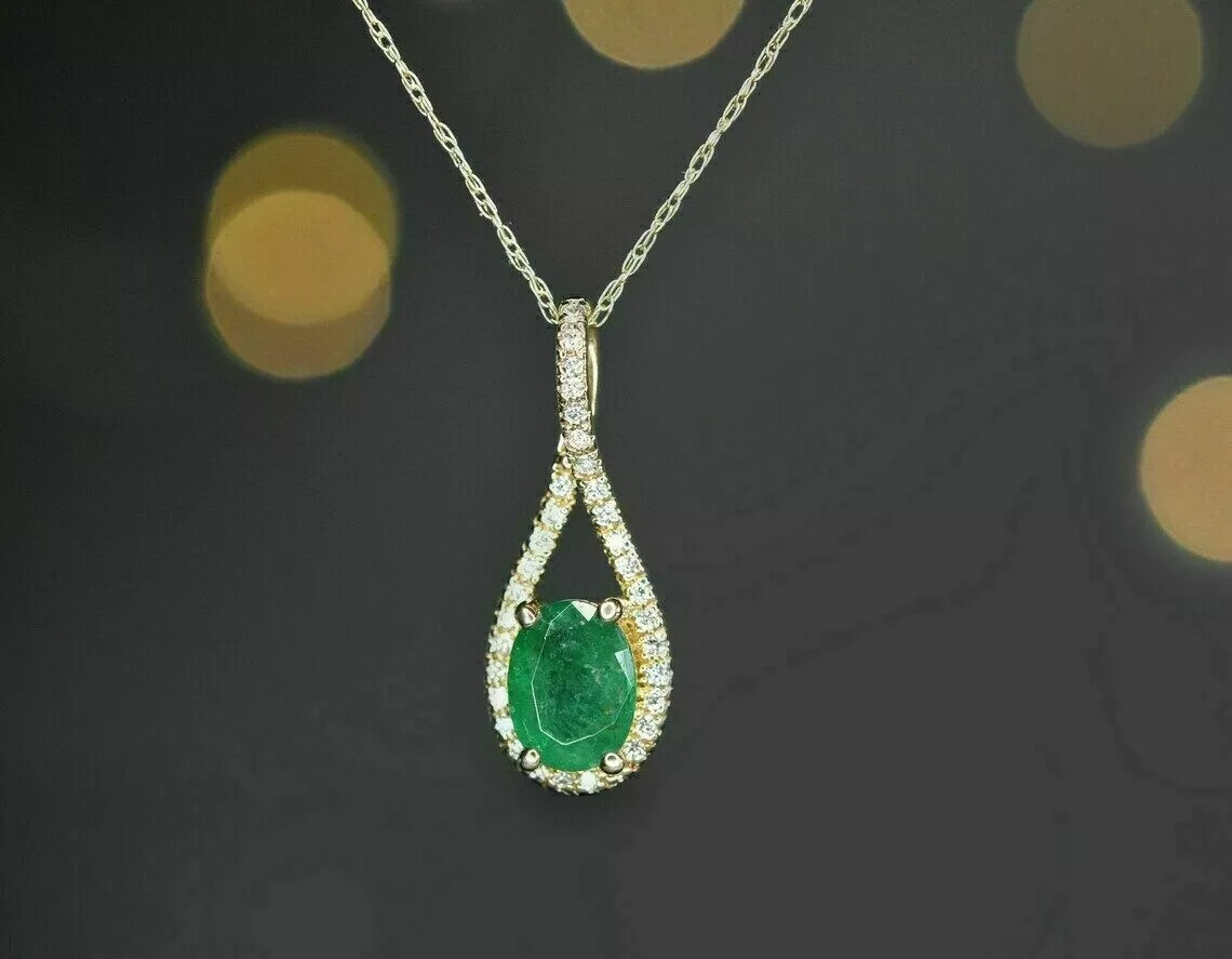 2Ct Oval Cut Green Emerald Halo Pendant Free Chain 14K Yellow Gold Finish