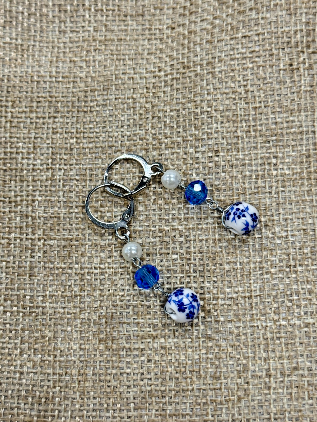 NEW Blue White Ceramic Round Bead & Silver Color Drop Earrings – Handcrafted