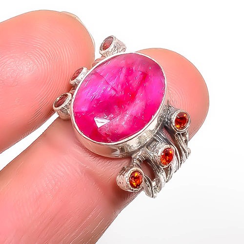Ruby & Garnet (Lab-Created) Handmade Silver Plated Jewelry Ring s.8 T22