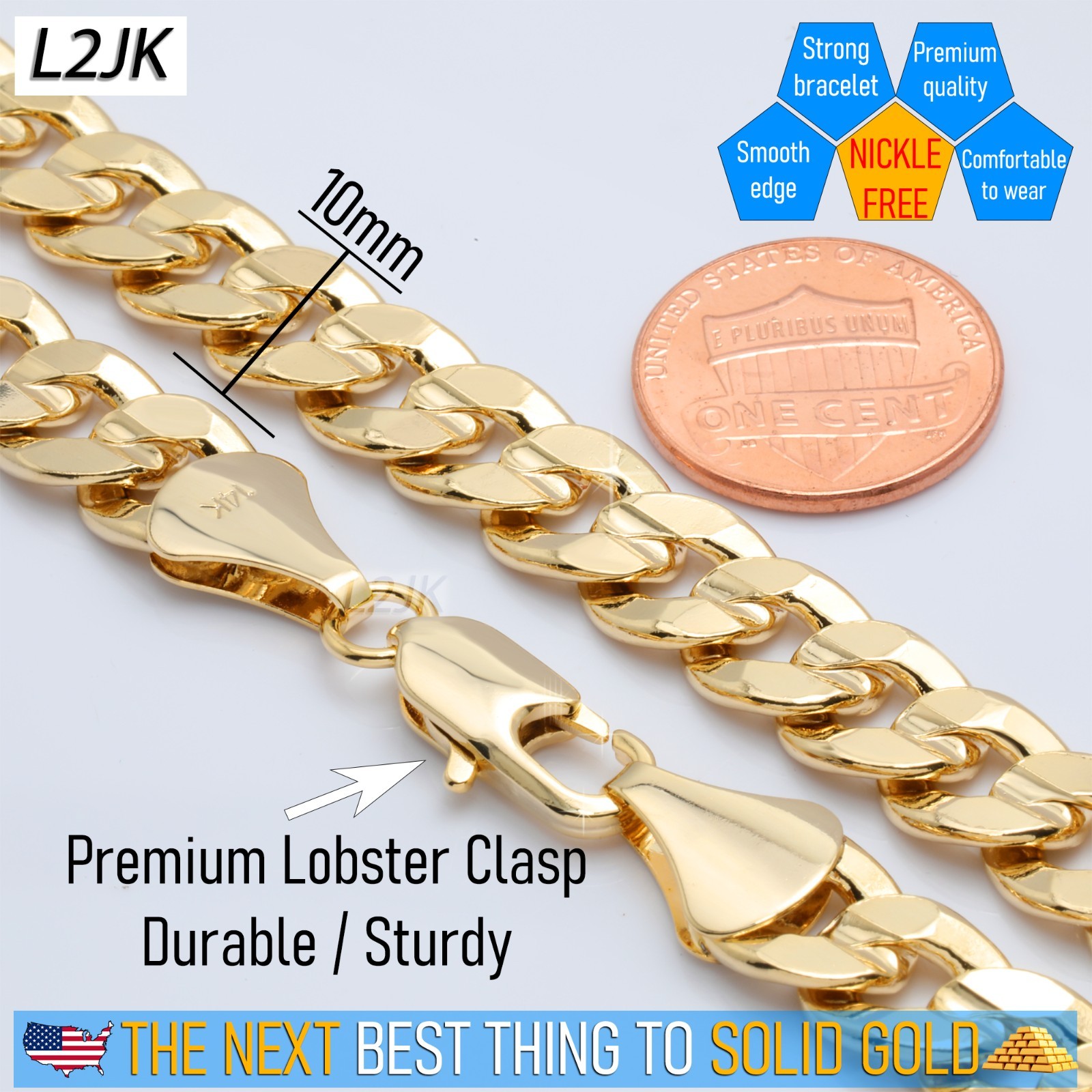 Concave Cuban Link Chain 10mm Bracelet 8.5″ | 14K Gold Plated HipHop Men Fashion