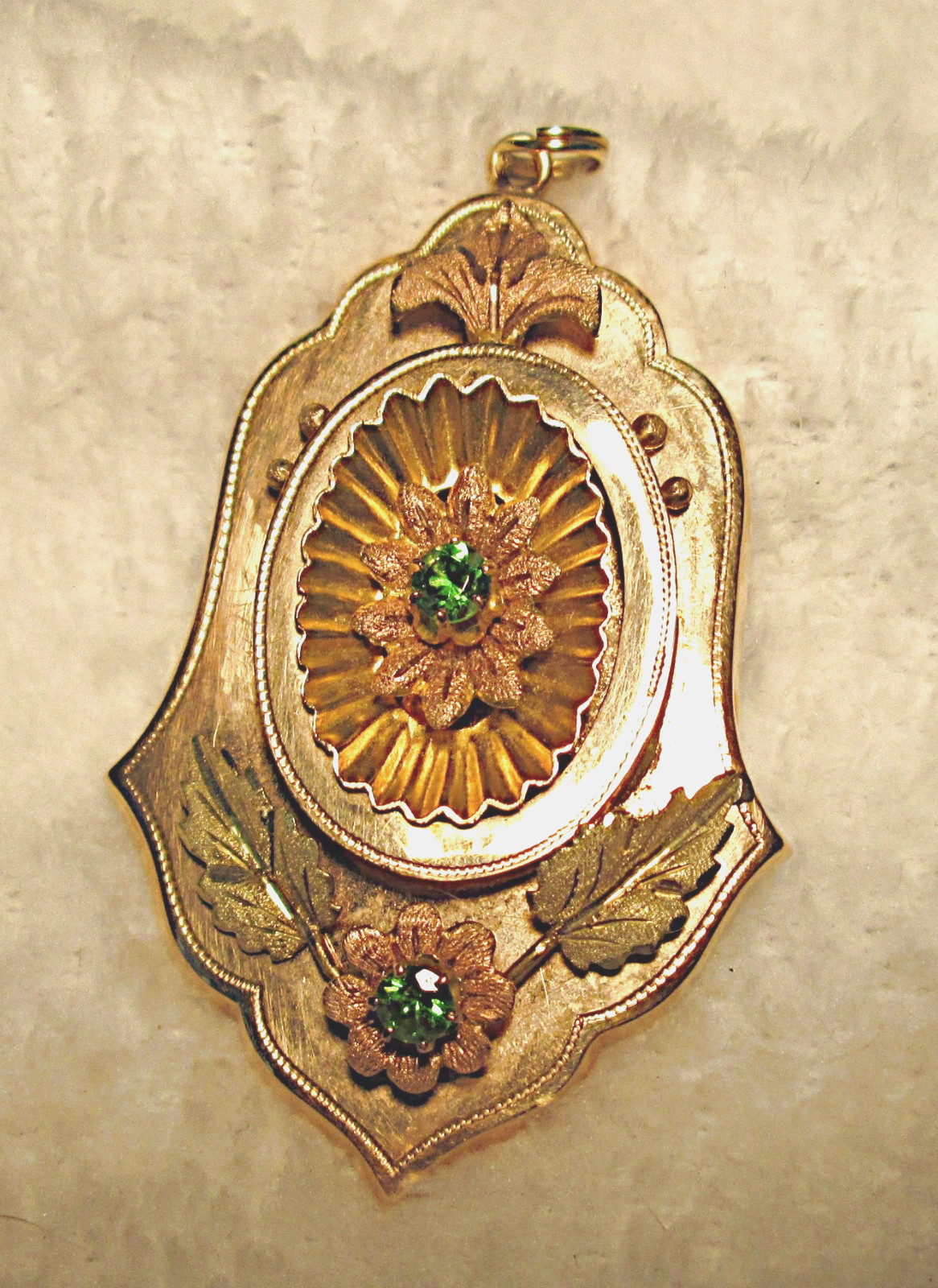 ANTIQUE 12-14K TRI GOLD RUSSIAN DEMANTOID FLOWER PENDANT 0.98 Ctw CONVERTED PIN
