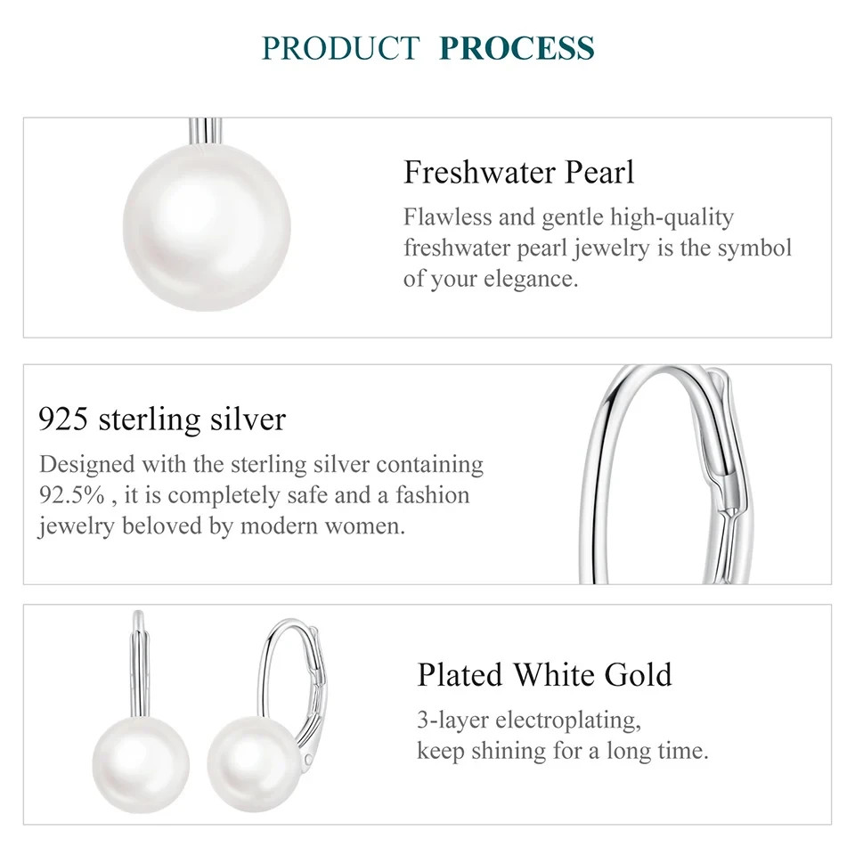 925 Sterling Silver Freshwater Pearl Leverback Drop Earrings Elegant Women