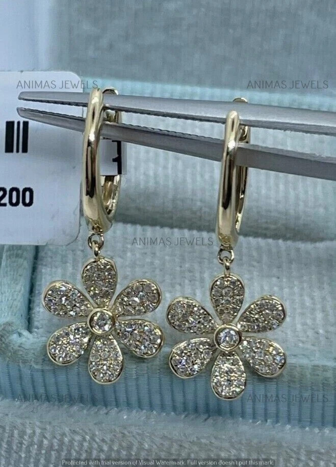 1 CT Round Real Moissanite Flower Drop & Dangle Earrings 14K Yellow Gold Plated