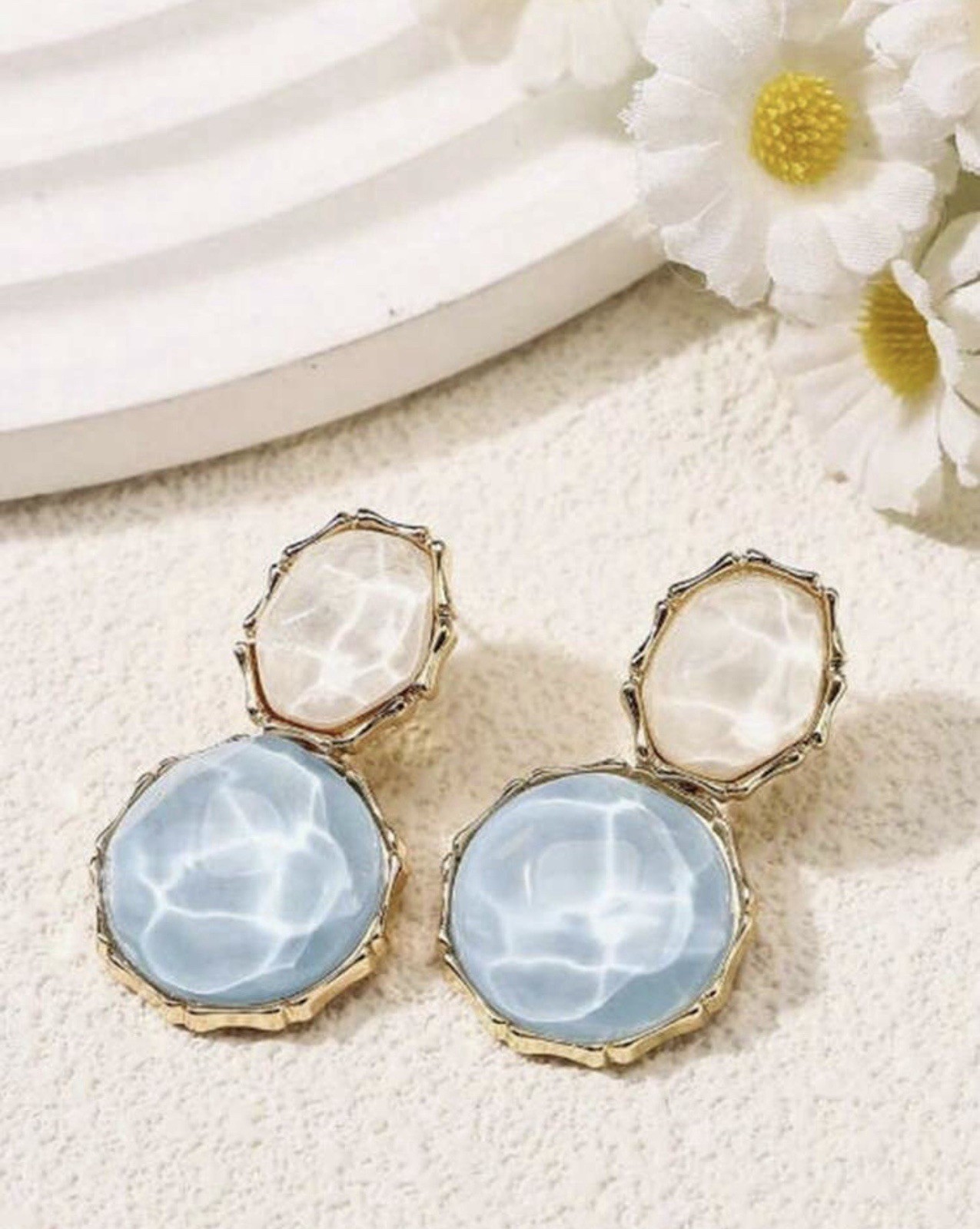 Gold-Tone Blue & White Round Cabochon Bezel Dangle/Drop Earrings, Post