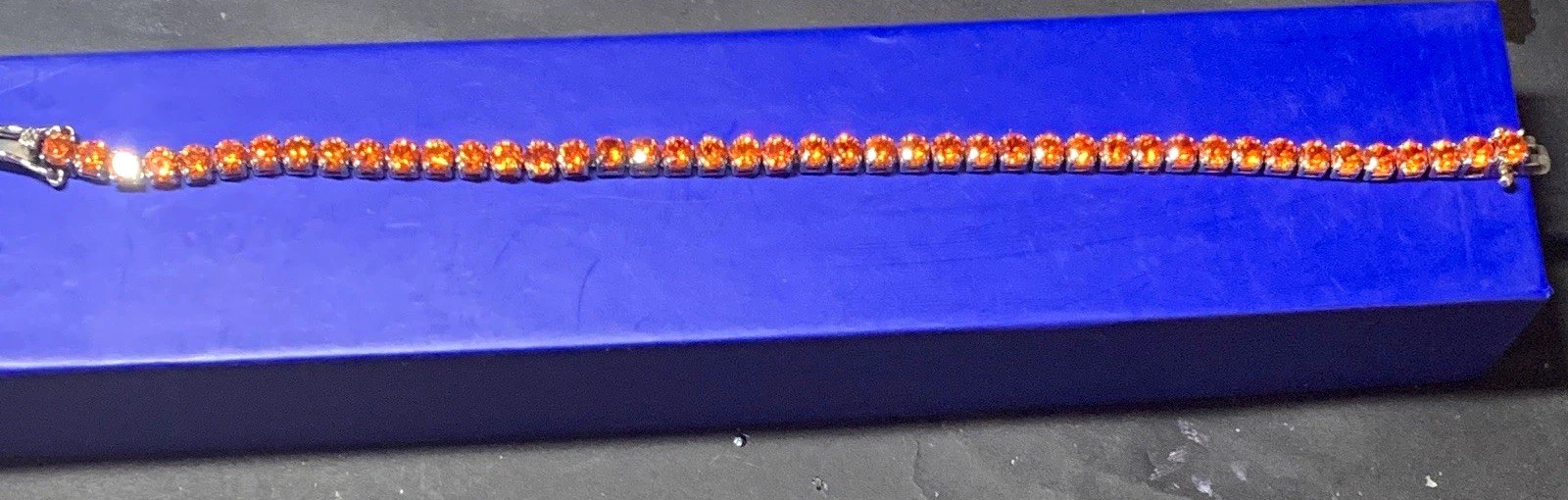 Silver Tone Orange Round Stone Tennis Bracelet 7.5in Box Clasp