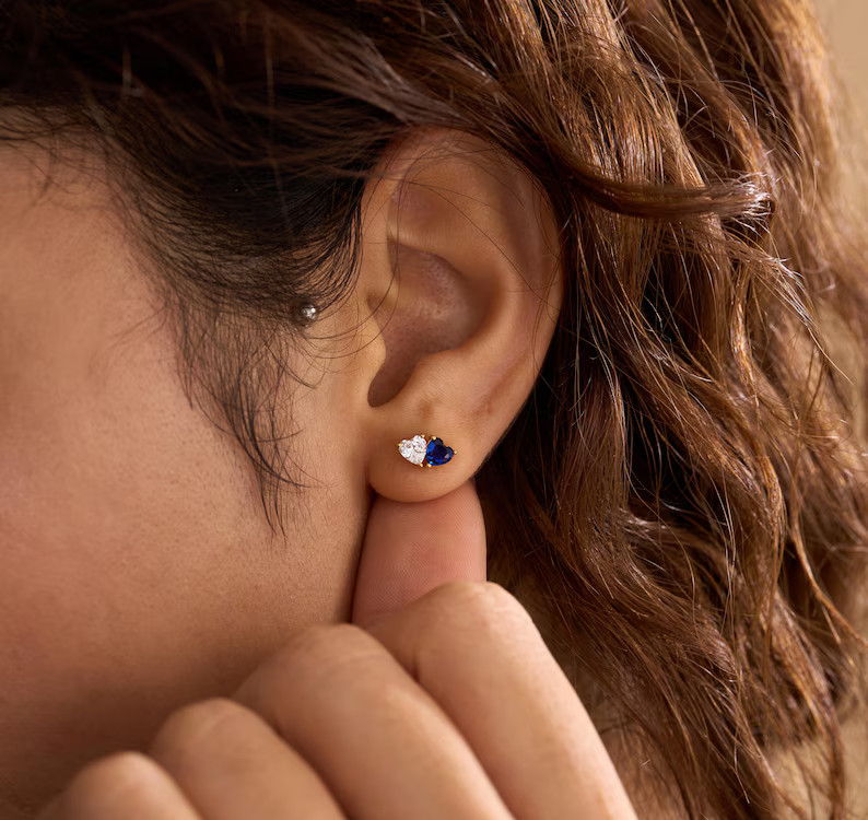 1TCW Pear Cut Lab Created Sapphire & Diamond Stud Earring 14k Yellow Gold Plated