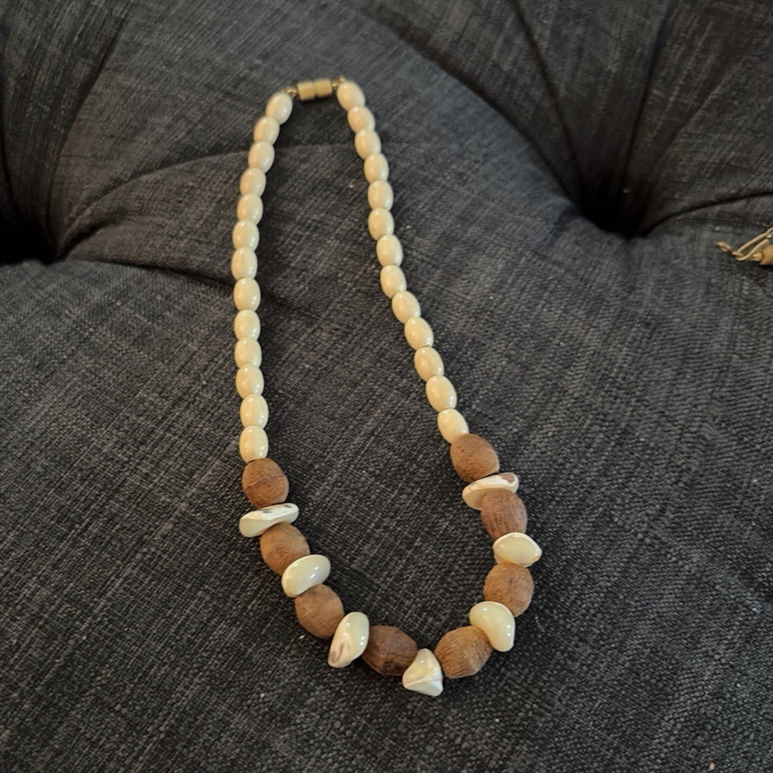 Shell Chip Beaded Necklace, Beige & Brown, Beach Theme, No Metal