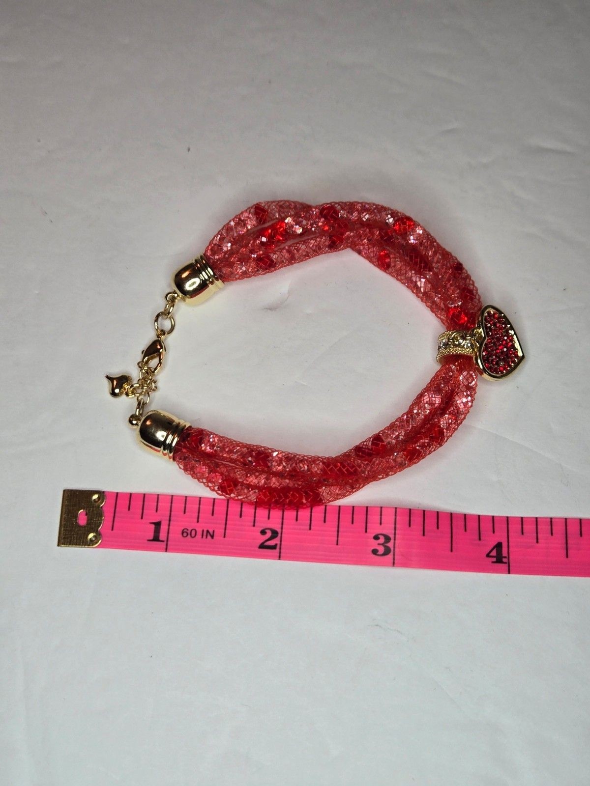 Red Mesh Bracelet with Red Rhinestone Heart Charm Gold Tone Clasp