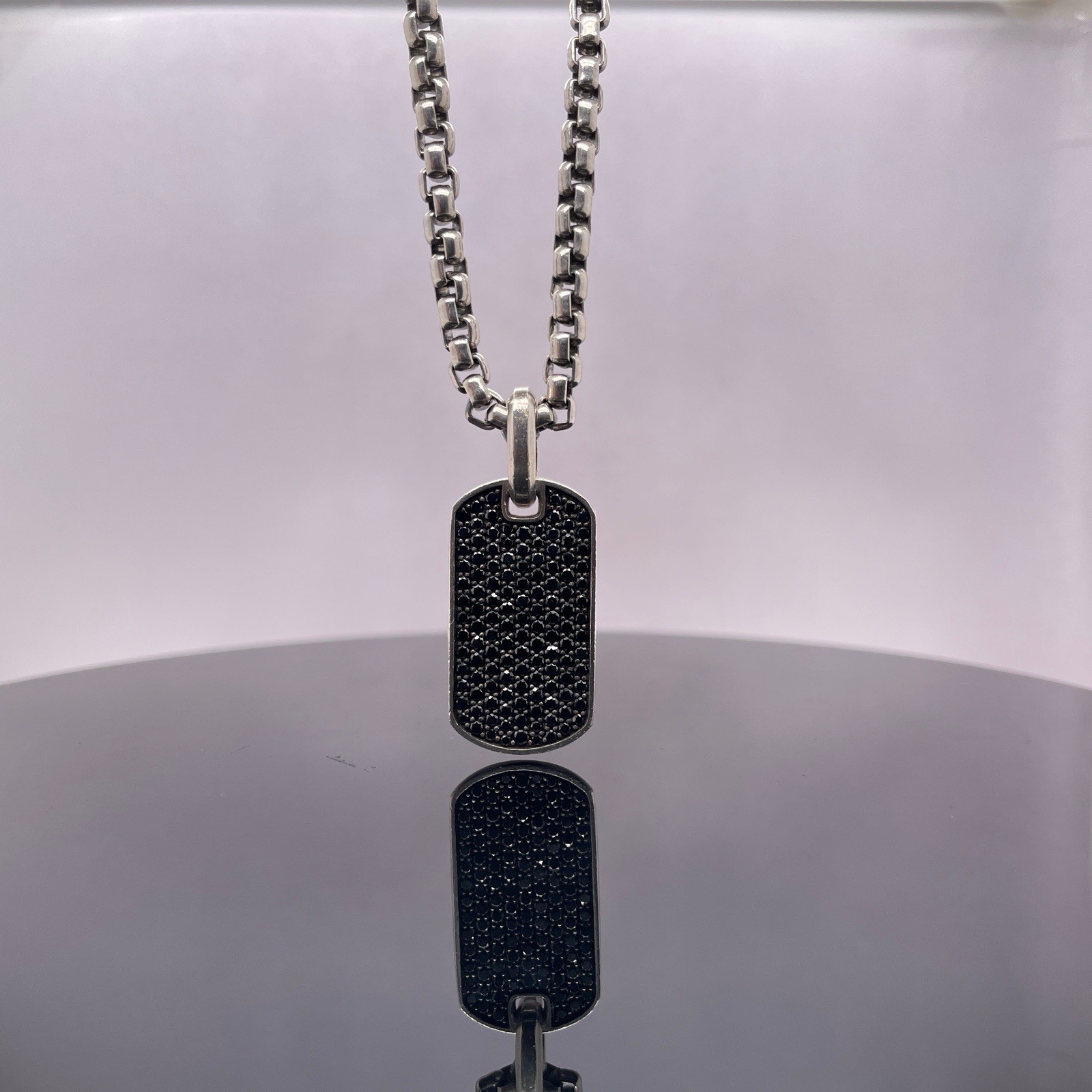David Yurman Silver Black Diamonds Chevron Tag Pendant Necklace $2600 / 27mm
