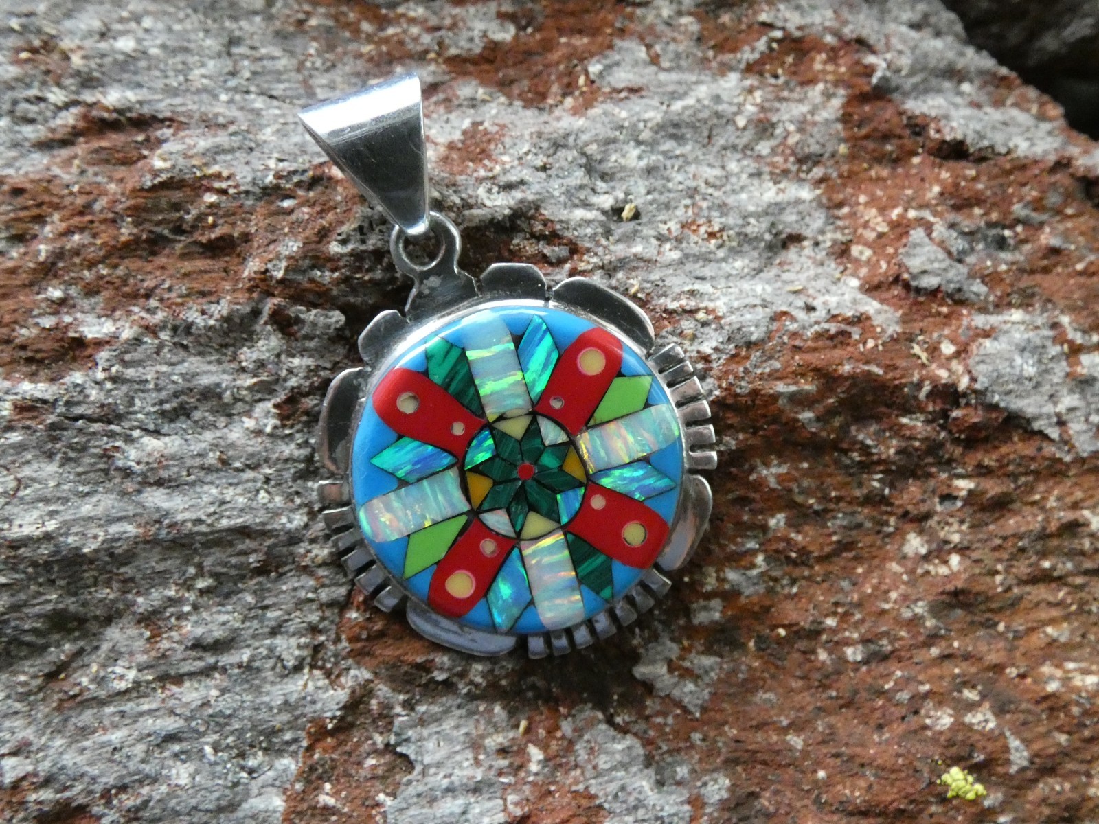 Colorful Micro Inlay Gemstone Mix Sterling Silver Aluminum Alloy Pendant AT8