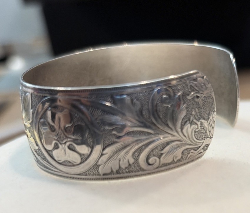 Dragon Etched Sterling Silver 1” Wide Cuff Bracelet Sz 5-1/2 -Engraved – 16g