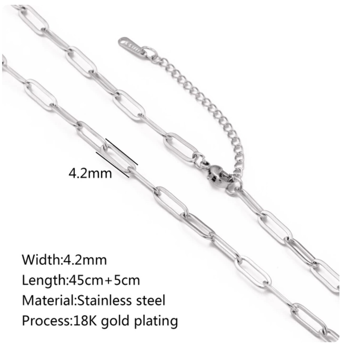 Stainless Steel 45cm (17.7 )inch 4.2 mm Paper Clip Chain with 2 inch exten