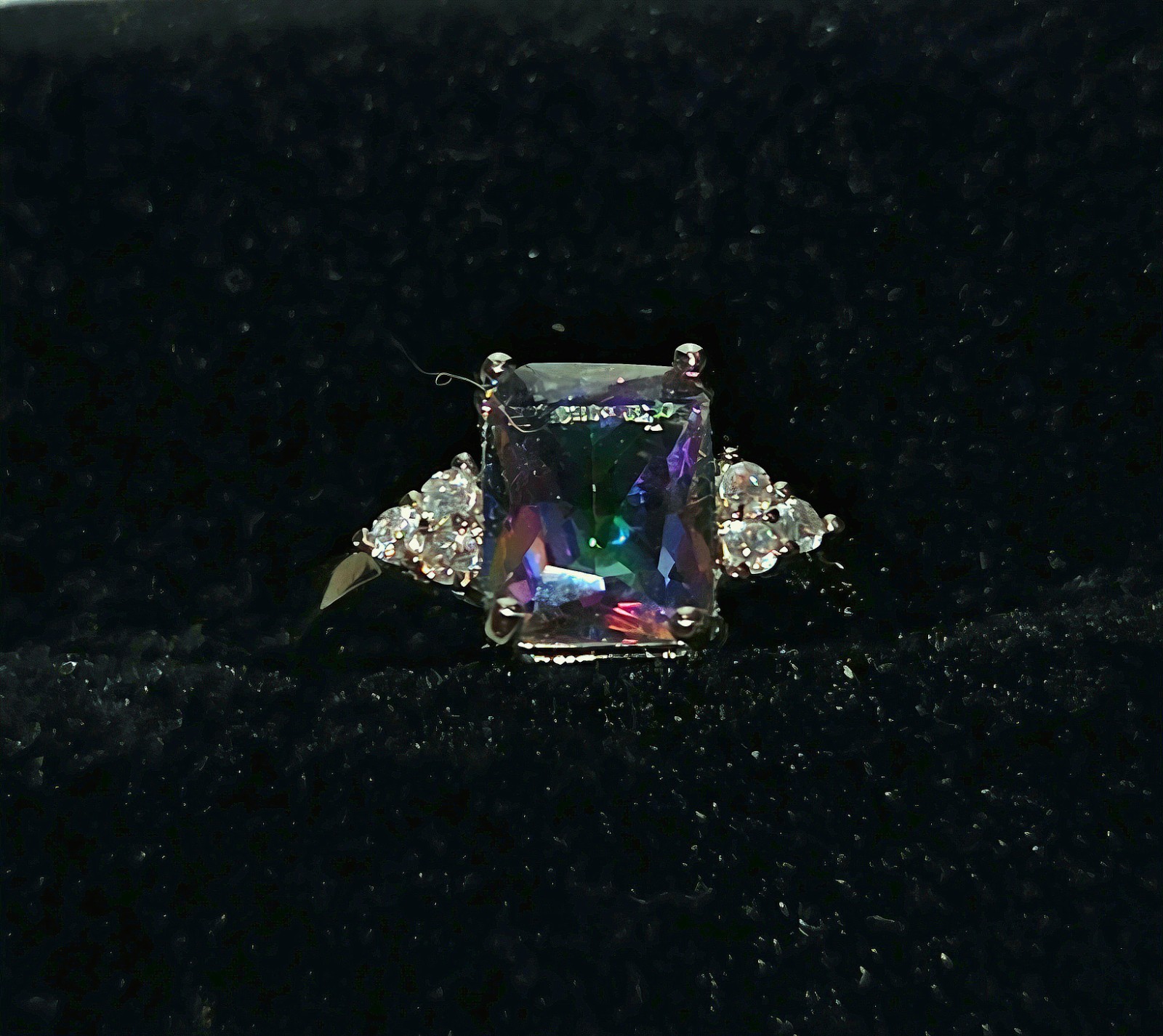 Sterling 925 Emerald Cut Multi Mystic Topaz Size 7 Ring w/6 Clear Accent Stones