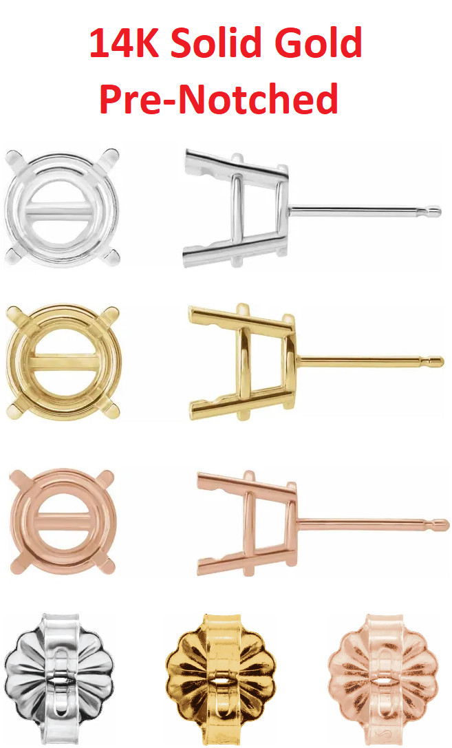 14K Gold Round Pre-Notched Stud Earring Basket Mount Setting Friction – 1 Piece