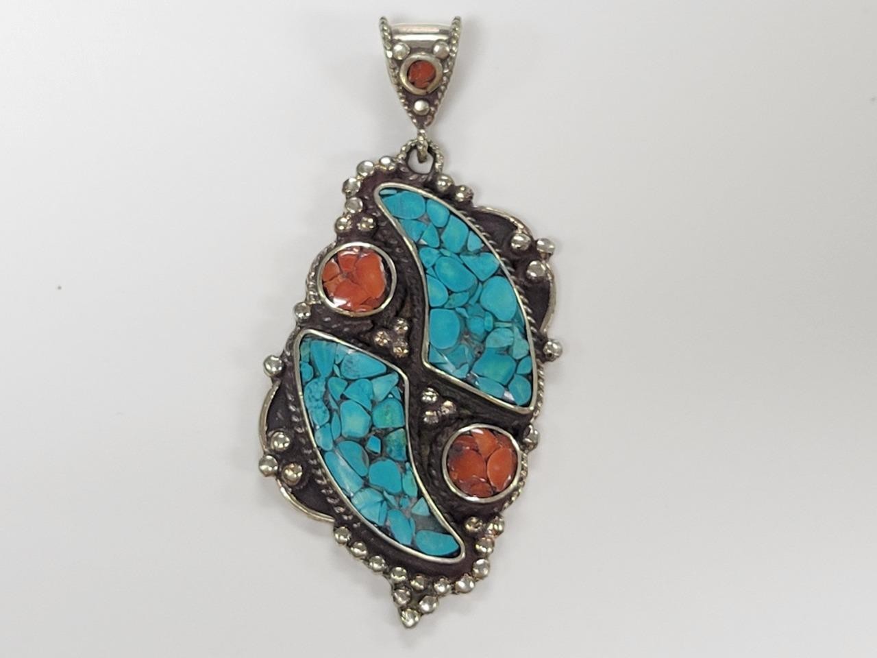 Beautiful Turquoise & Coral Sterling Silver Pendant ~ 28.5grams ~ 11-D910