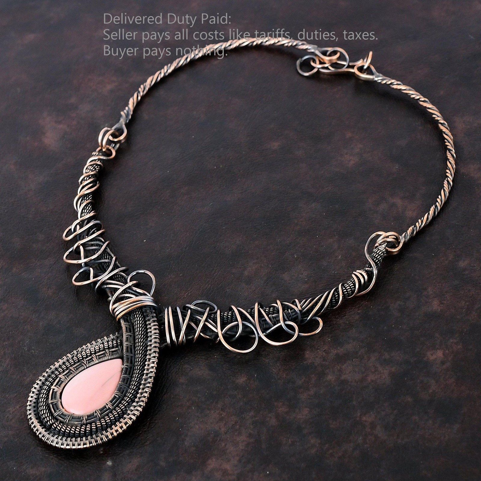 Natural Pink Opal Copper Wire Wrapped Chain Anniversary Artisan Necklace Jewelry