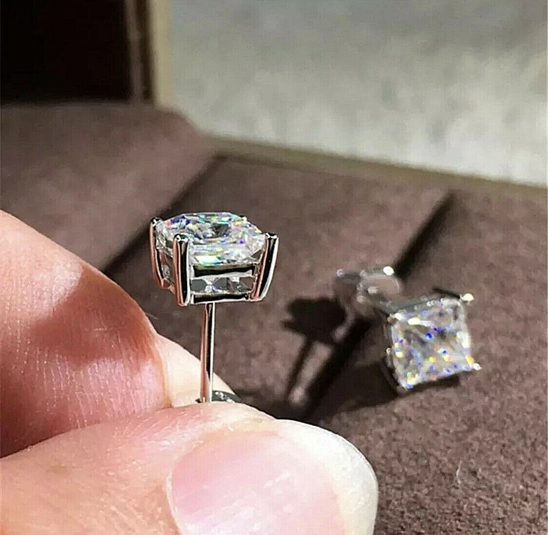 4 Ct Princess Cut VVS1/D Lab Created Stud Earrings 14k White Gold 7mm Push Back