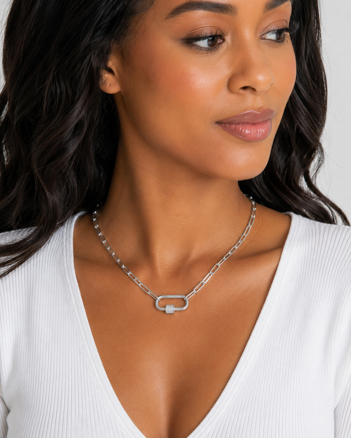 White Gold Dipped CZ Carabiner Paperclip Chain Pendant Necklace Silver Tone