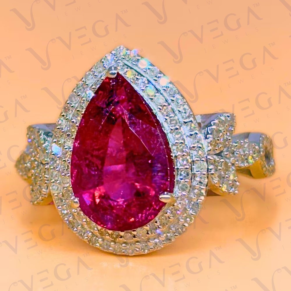 6.80carat Pear Shape Natural Ruby Gemstones & Diamond Ring 18K White Gold Plated