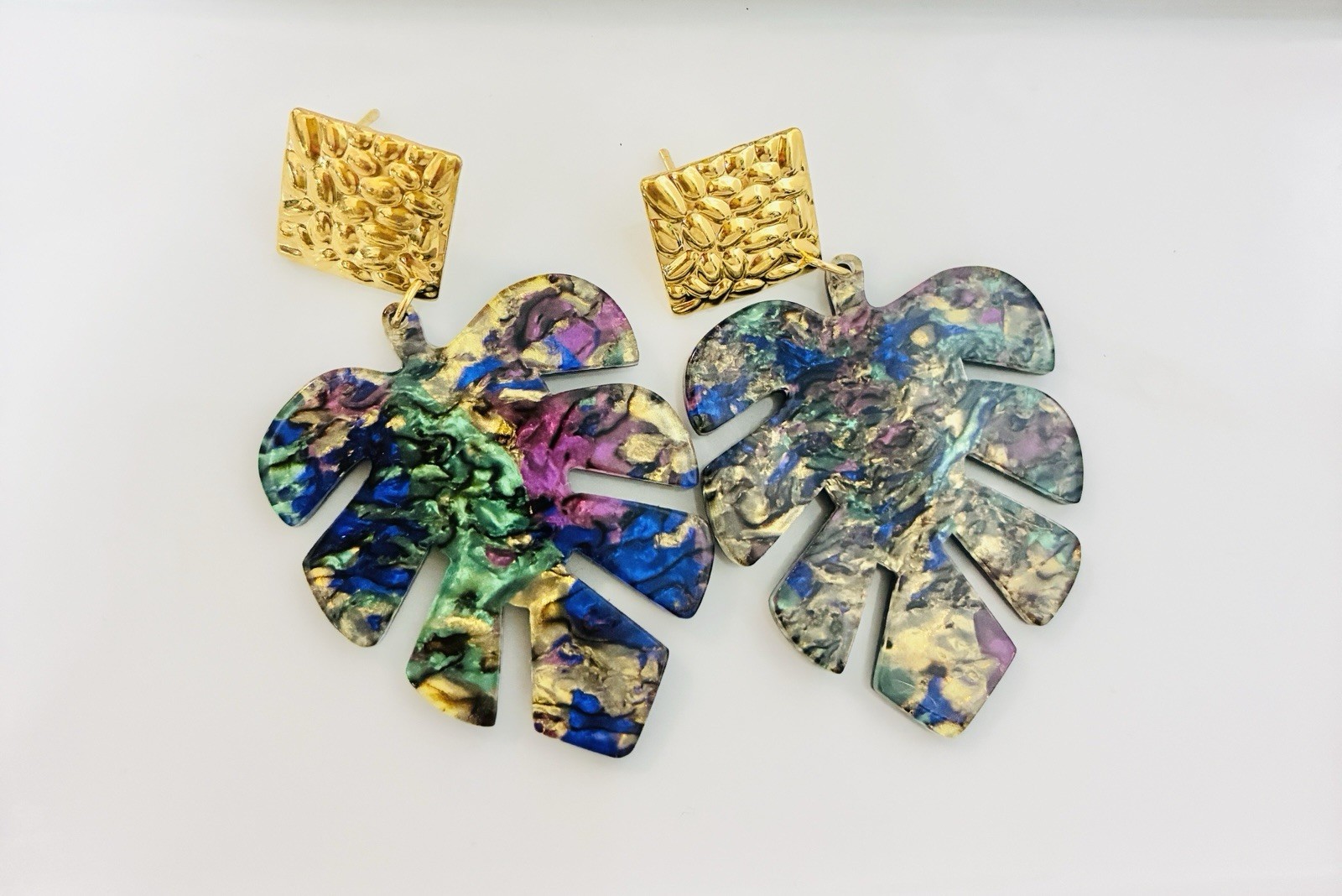 Marble Monstera Leaf Acrylic Mid-Century, Modern Earrings, High Quality,