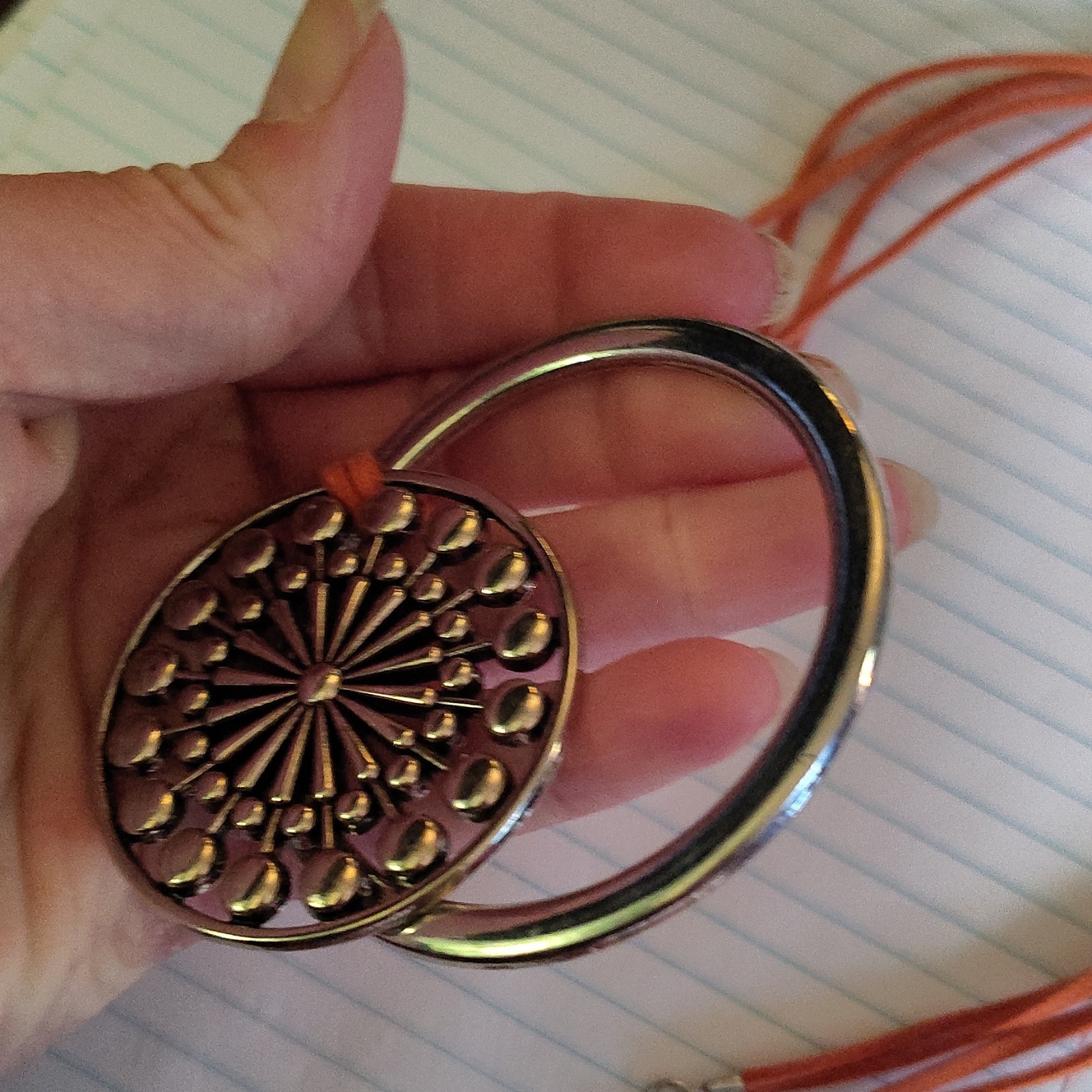 Adjustable Orange Cord Necklace Round Silver-Tone Charm Pendant Lobster Clasp