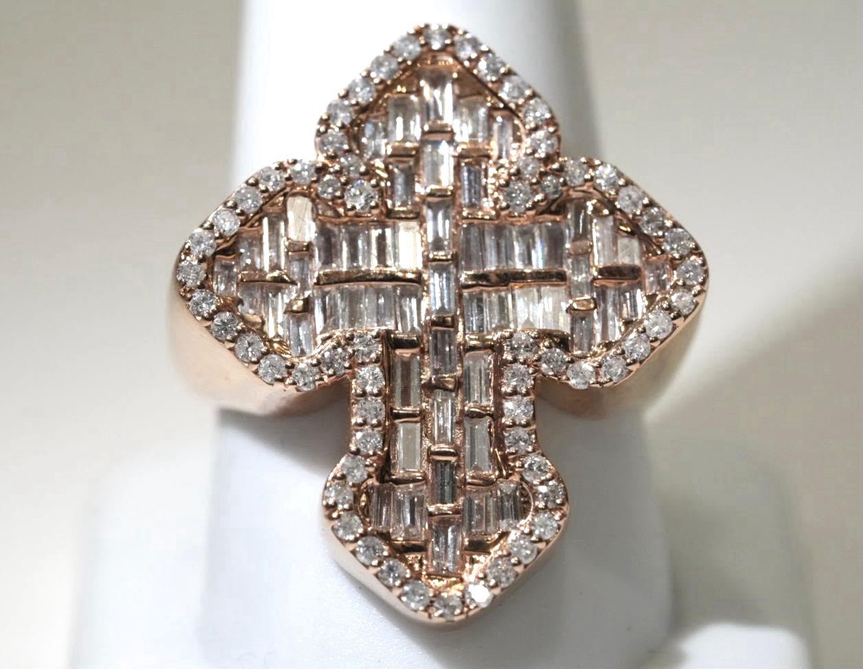 10k Rose Gold Cross Ring Natural Baguette Diamonds With Round Cuts 2.00Ct