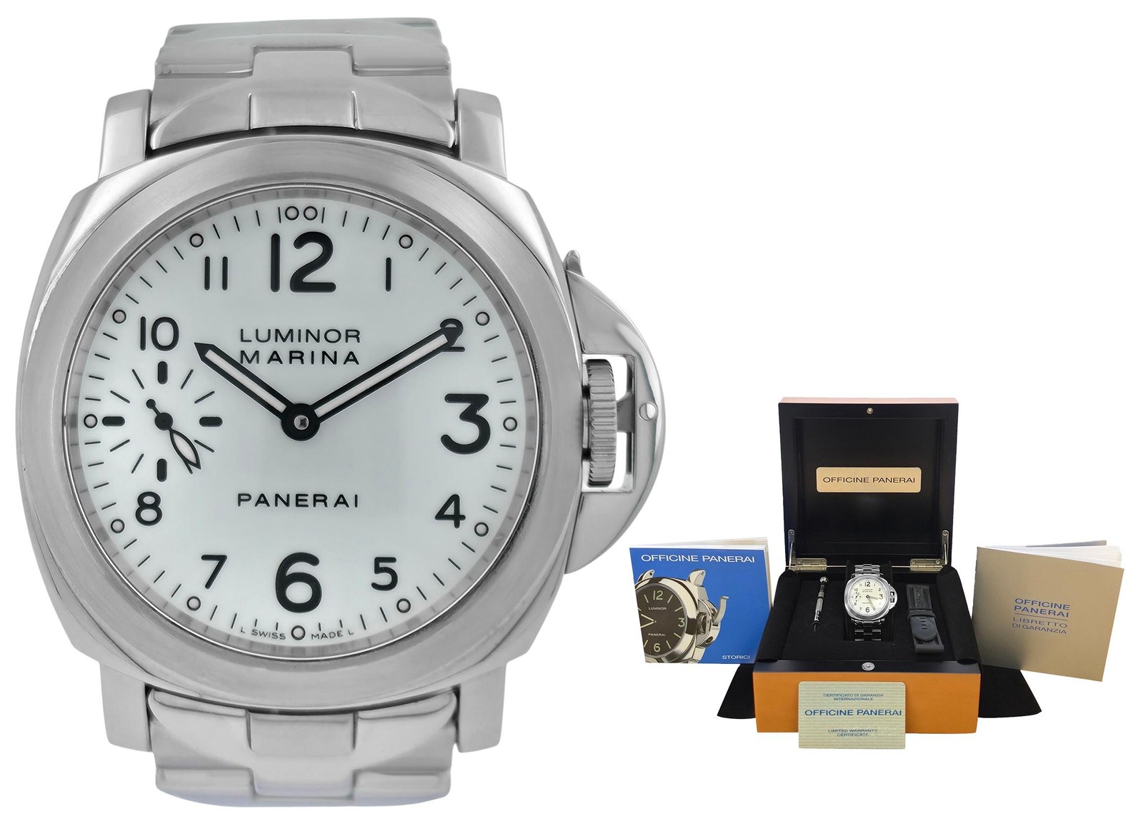 Panerai Luminor Marina PAM00113 White Dial Steel 44MM Men Manual Wind Box Papers