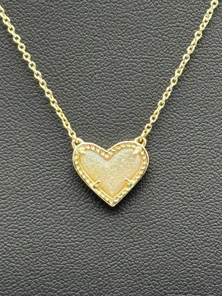 Kendra Scott Ari Heart Necklace 14K Yellow Gold On Brass Iridescent Drusy Signed