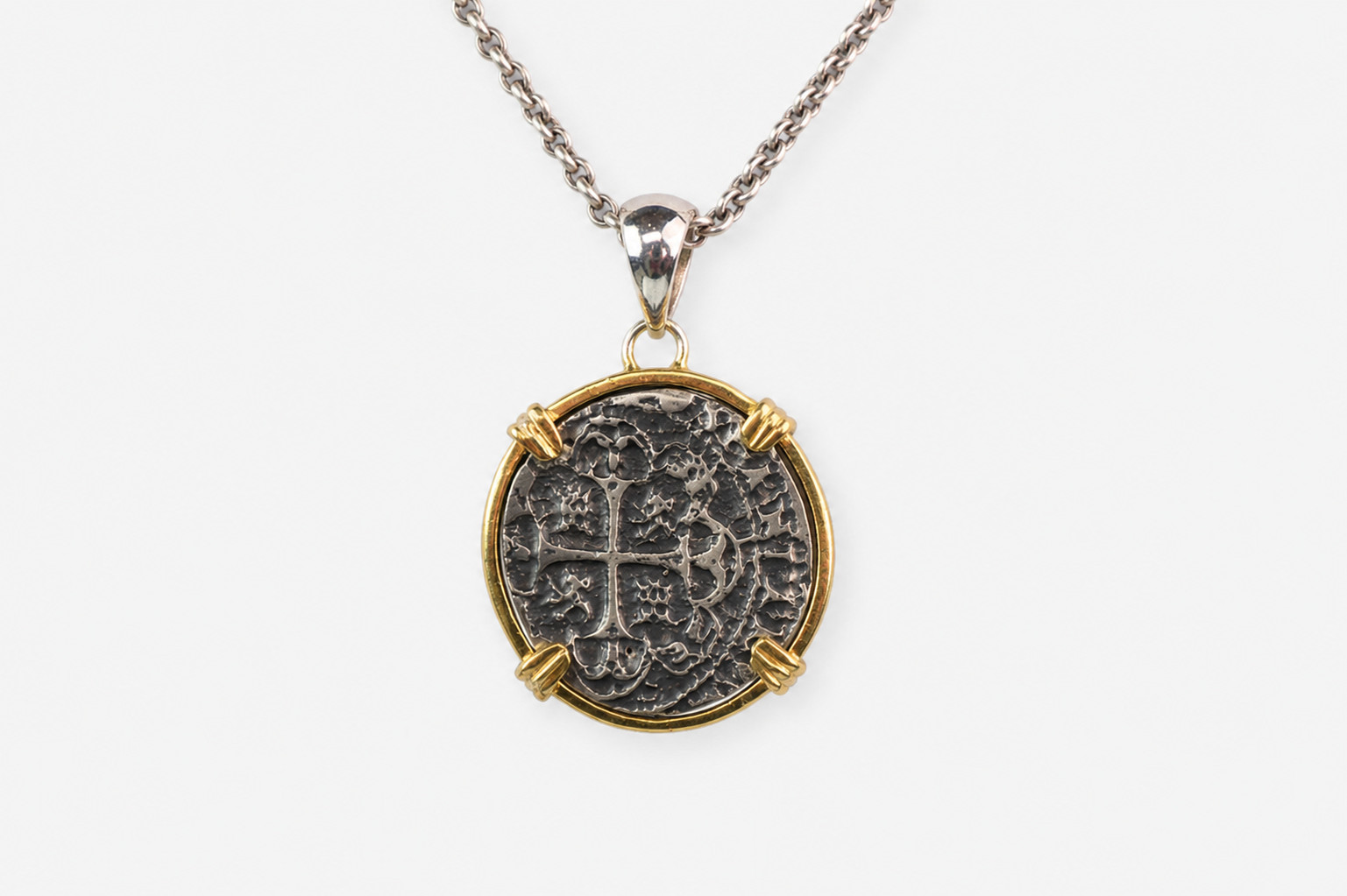 Atocha Treasure Coin Inspired Pendant 925 Silver 18K Gold Plated 39mm 6.8 grams