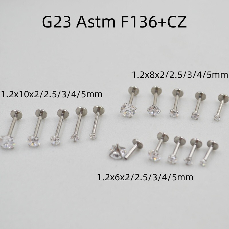 50PCS G23 Titanium F136 CZ Labret Lip Piercing Bar Ear Helix Tragus Cartilage