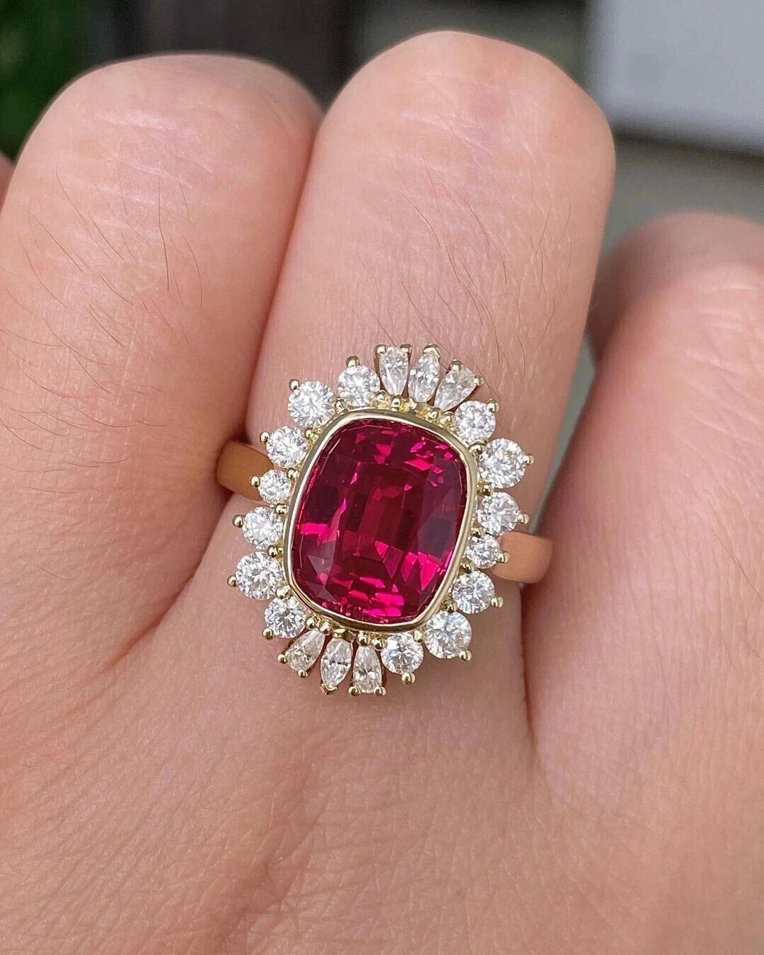 4.48 Ct Cushion Cut Natural Ruby Diamond Wedding Ring 14K Yellow Gold Sz 6