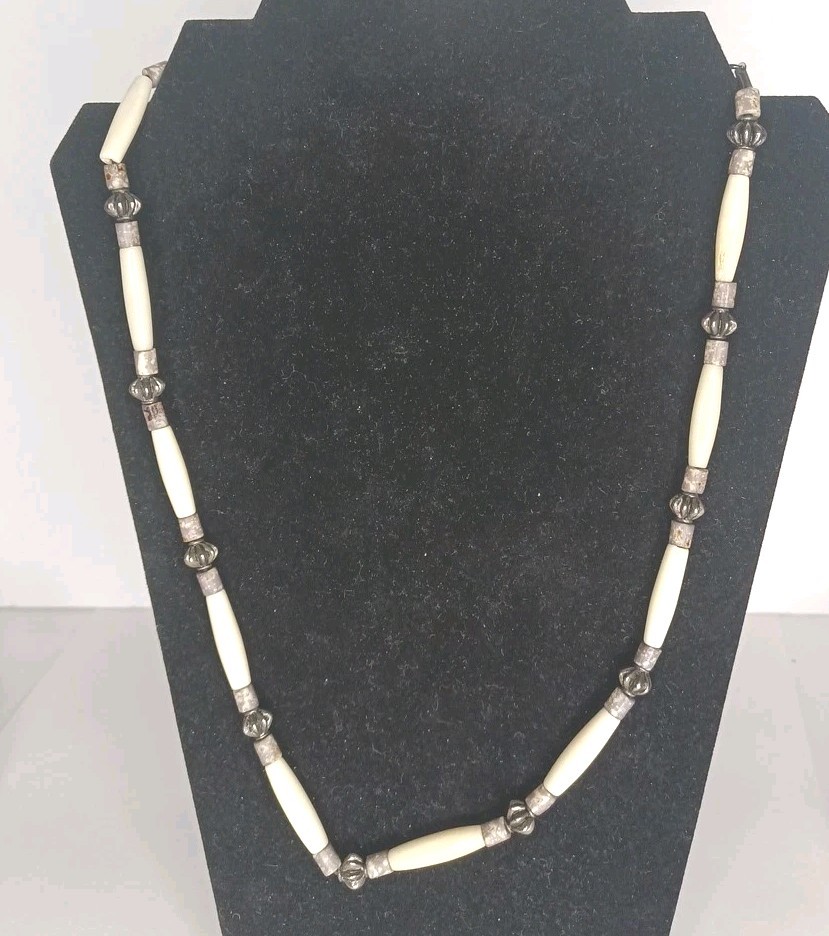 Vintage Faux Bone Bead With Metal Spacers Necklace 22″