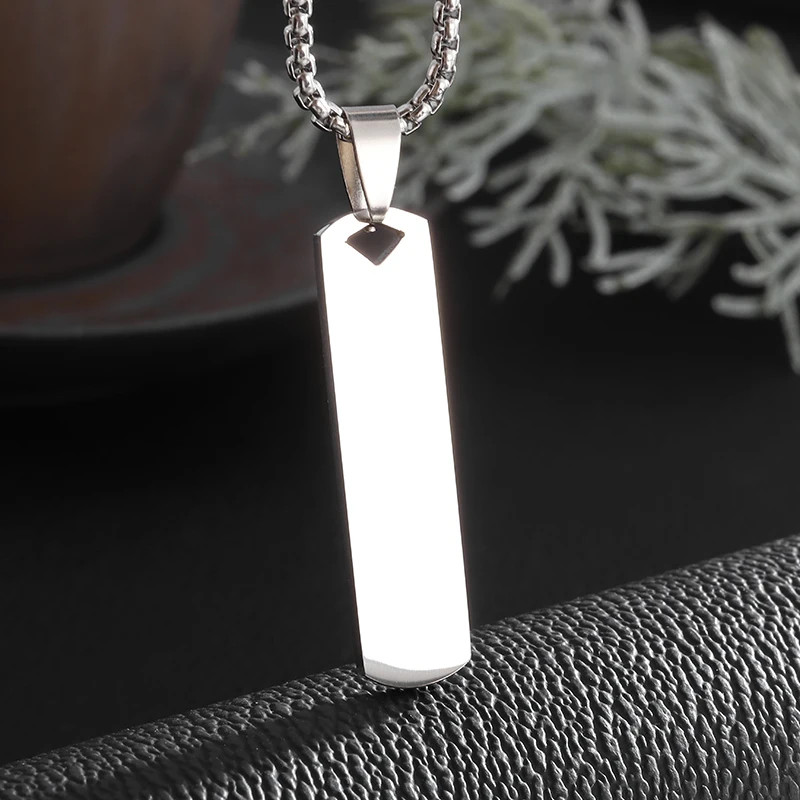 Stainless Steel Glossy Engravable Rectangular Pendant Necklace for Men Fashion S