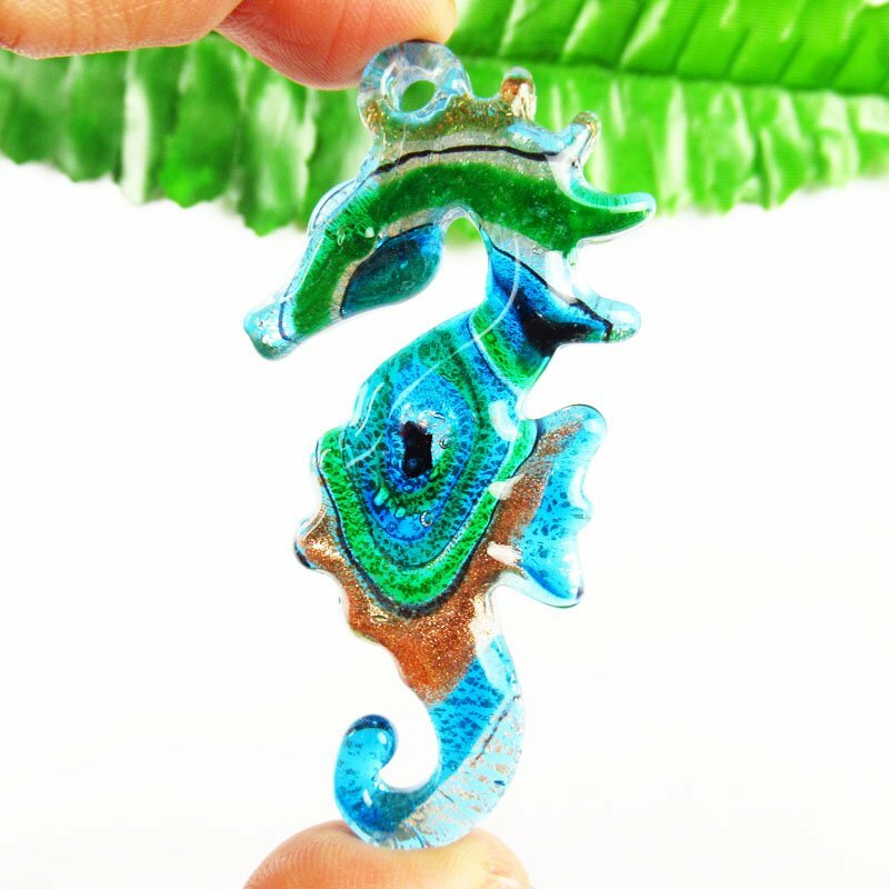 2pcs Blue Green Gold Inlaid Lampwork Gslass Sea Horse Pendant Bead 67x33x7mm LL5