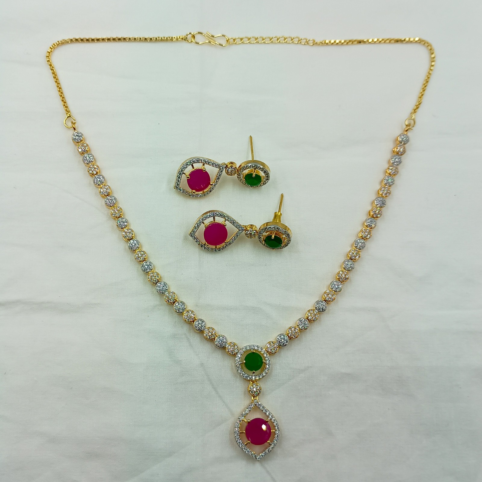 Round Stone Ruby Emerald Necklace Set 22k Gold Plated South Indian Jewelry