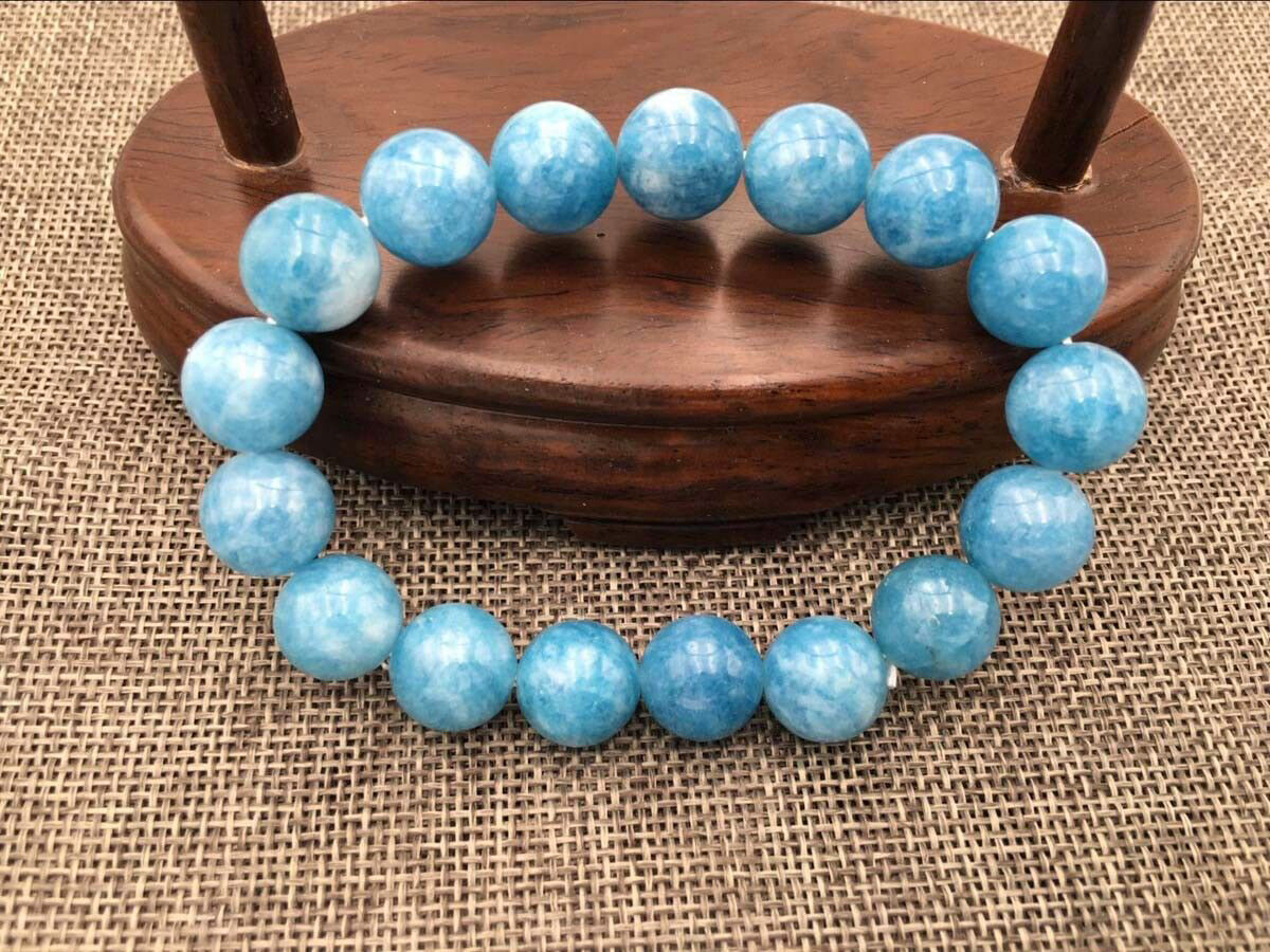 Natural 12mm Blue Larimar Gemstone Round Beads Water Pattern Bracelet 7.5″ AAA
