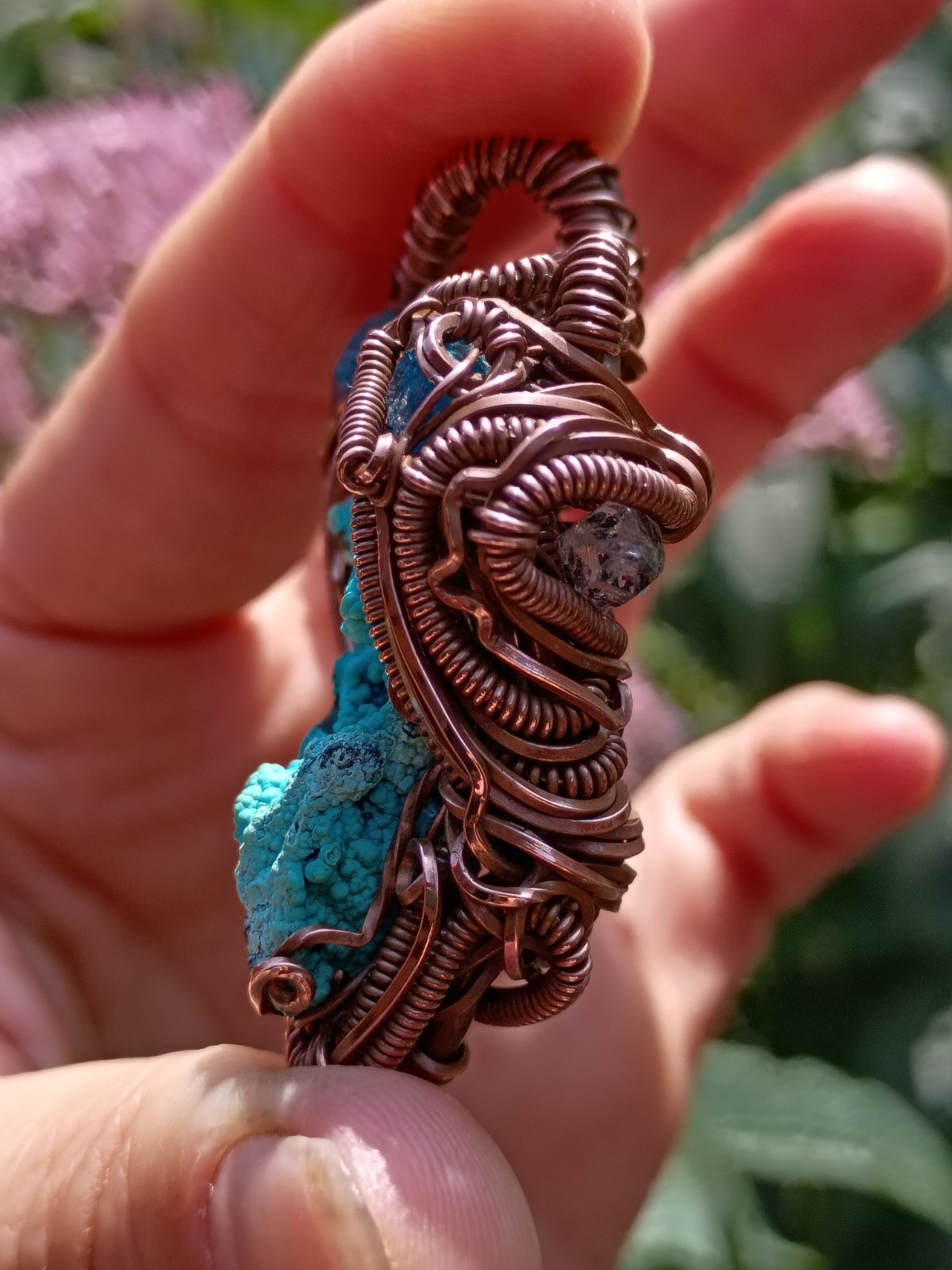 Handcrafted Wire Wrapped Natural Chrysocolla Apatite Copper Amulet Pendant