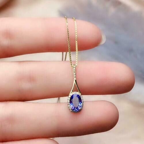 2Ct Oval Cut Blue Tanzanite Halo Pendant 14K Yellow Gold Finish 18″ Free Chain