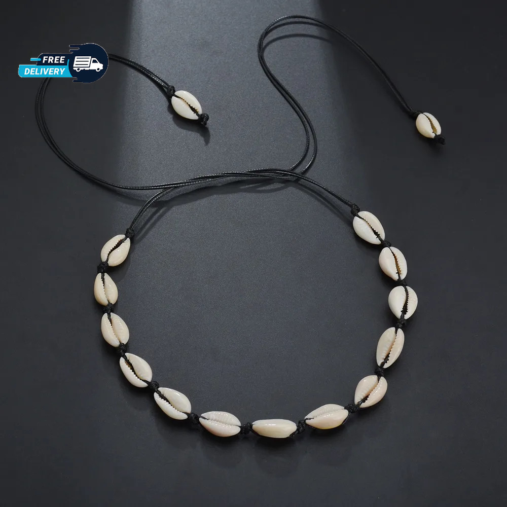 Cowrie Shell Choker Boho White String Necklace Surfer Beach Conch Puka, Hawaiian