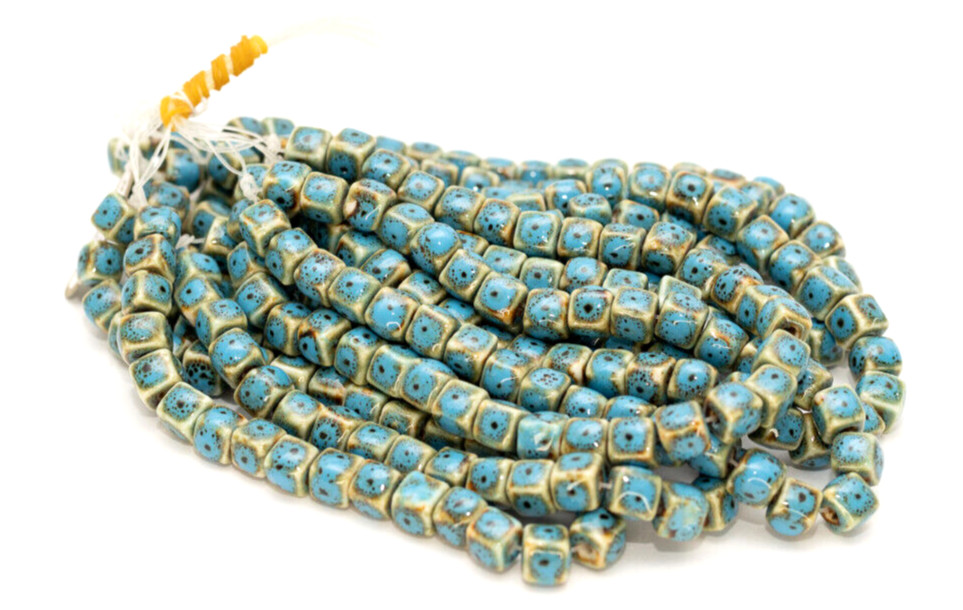 (Full Strand of 32 Beads) Cube Glazed Ceramic, Hand Made Cyan-Blue 9mm, Big Hole