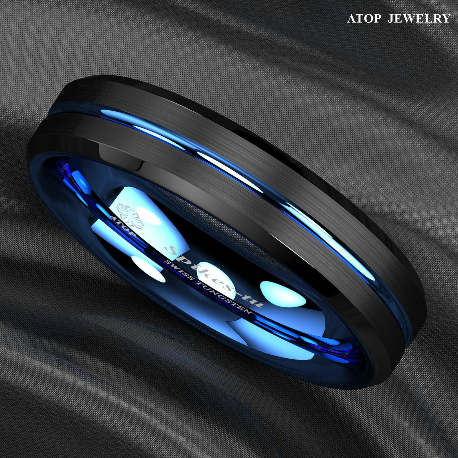 8/6mm Tungsten Men’s Ring Thin Blue Line-Inside Black Brushed Band ATOP Jewelry